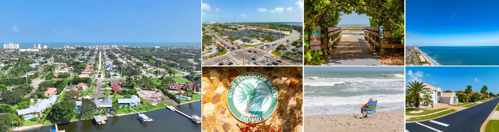 Aerial view of canal-front homes with docks running to the Banana River, the Atlantic beach, a dune crossover, and the city seal in Indian Harbour Beach FL