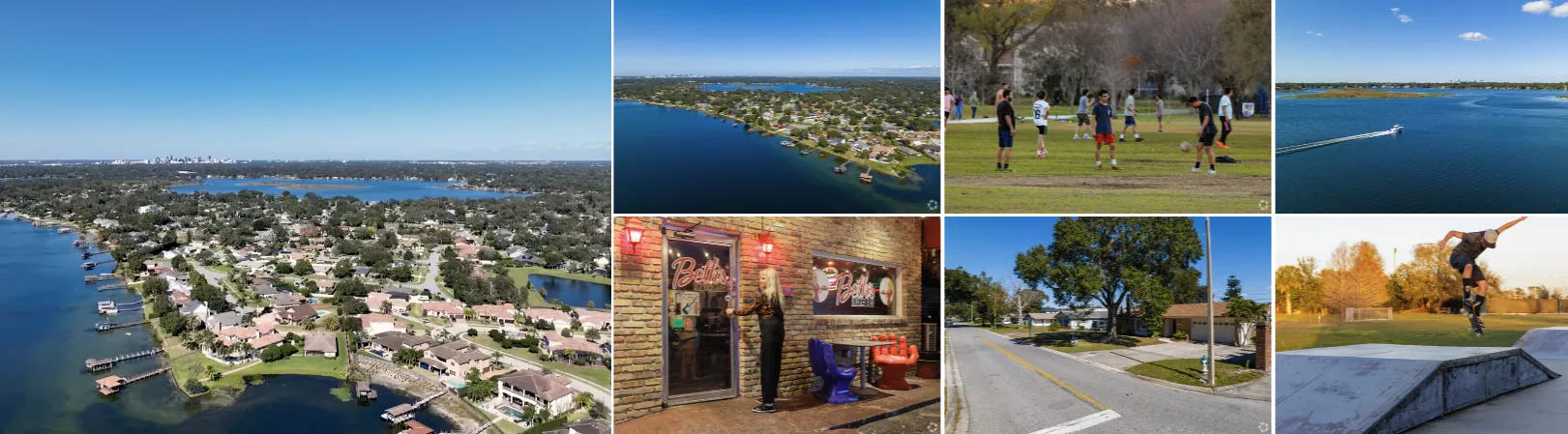Aerial view of the Conway Chain of Lakes in Orlando FL with lakefront homes, neighborhood streets, parks, and the Hourglass District near Conway