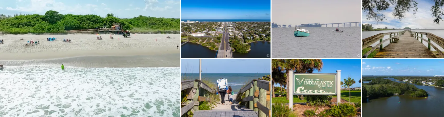The Indialantic boardwalk at James H. Nance Park at sunrise, the Melbourne Causeway, the Indian River Lagoon, and the Town of Indialantic by the Sea sign in Indialantic FL