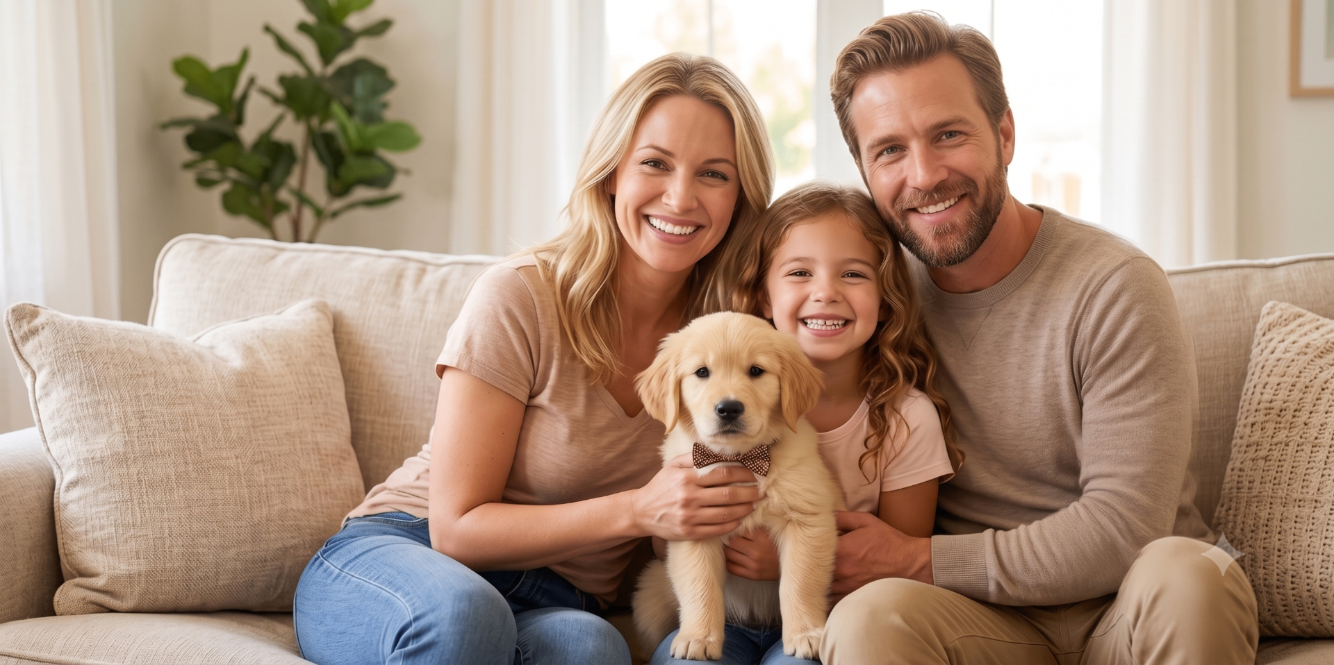 Family with golden retriever puppy in their Florida rental home