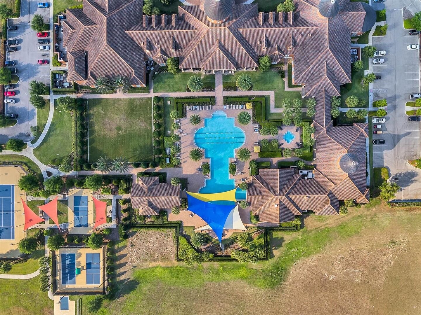 Aerial view of the Trilogy Orlando sports courts and amenity area