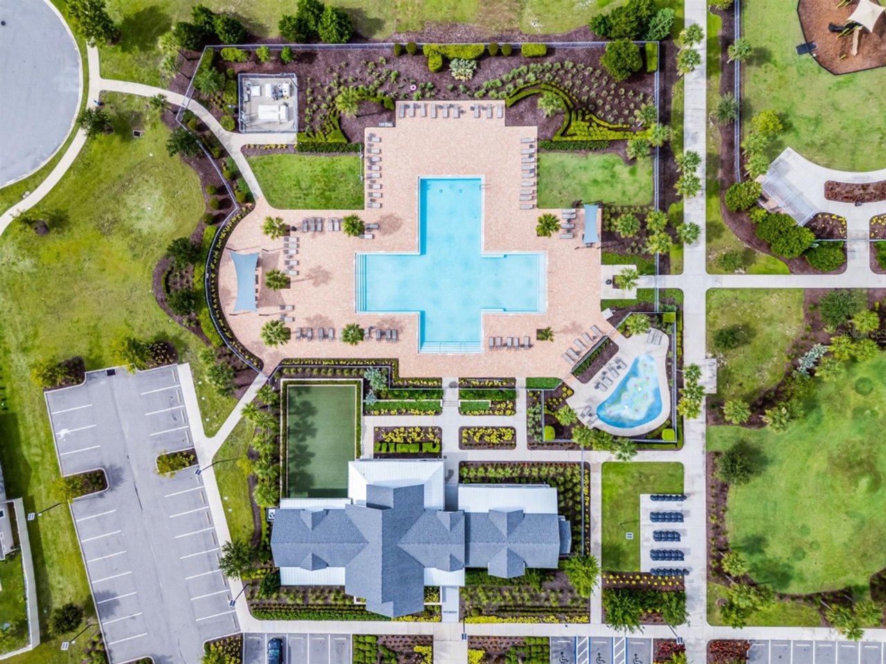 Aerial view of Waterbrooke's pool and amenity campus