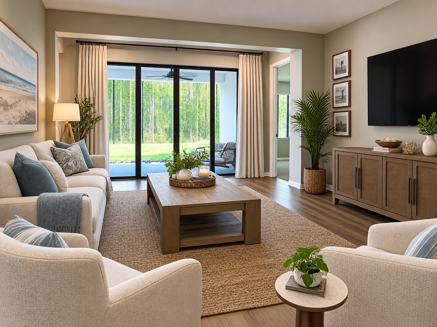 Virtually staged family room with sliders to the lanai