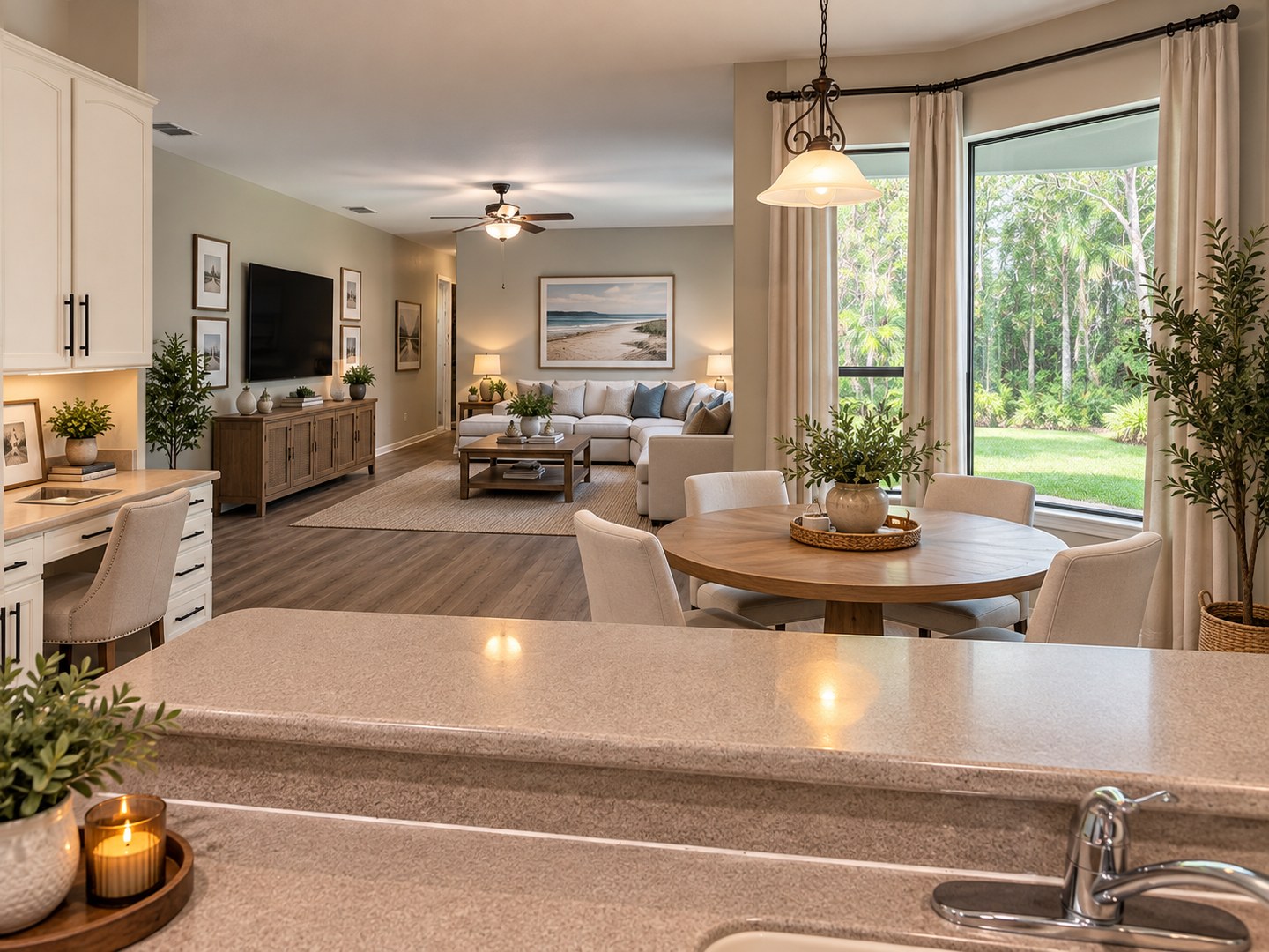 Virtually staged kitchen and family room at 10249 Park Row Ct