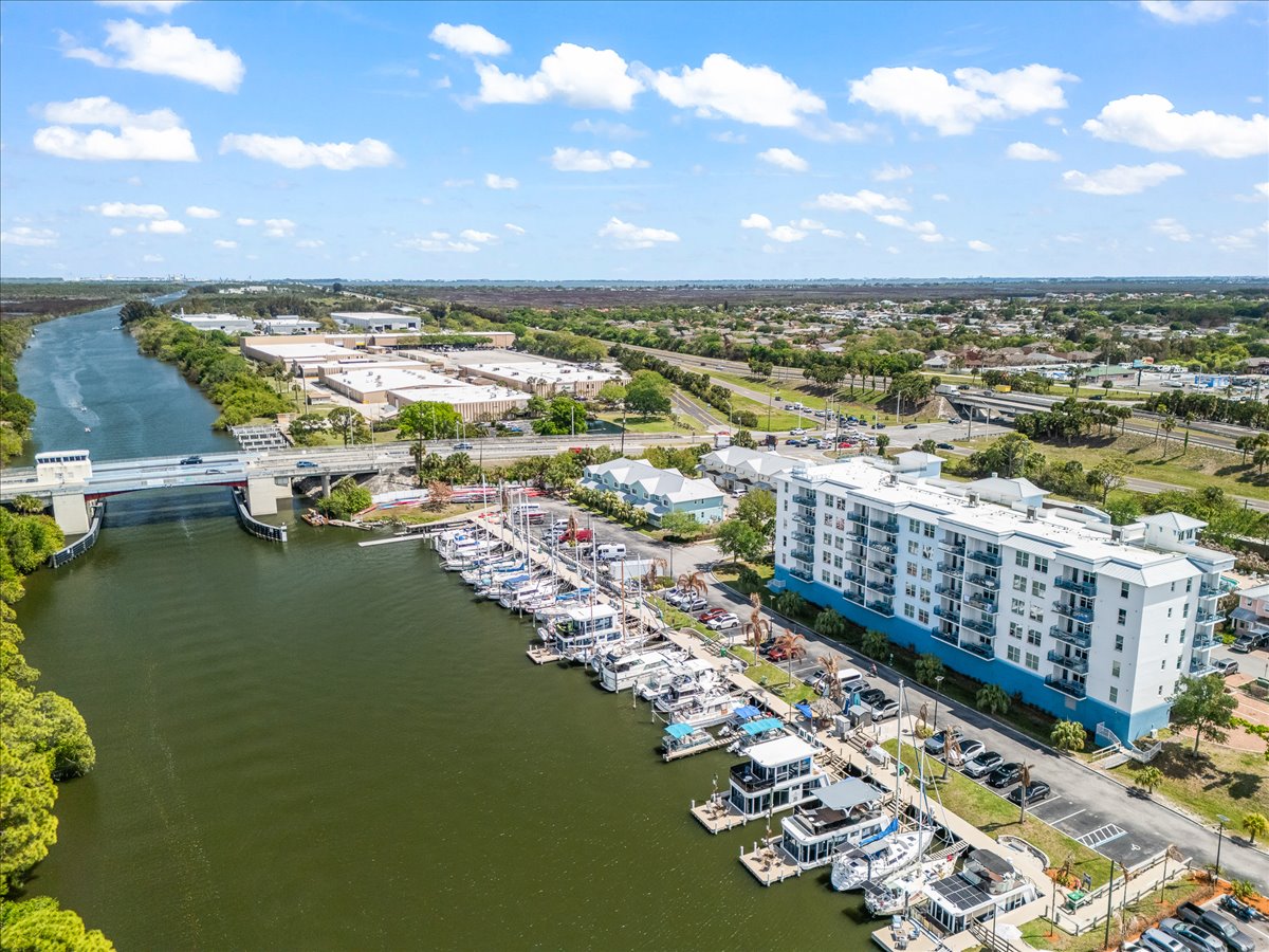 Aerial view of marina and waterway