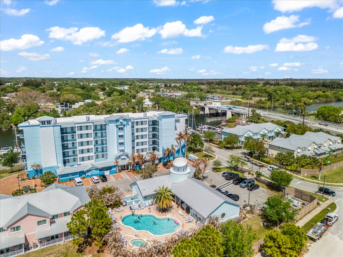 Aerial view of resort pool and clubhouse