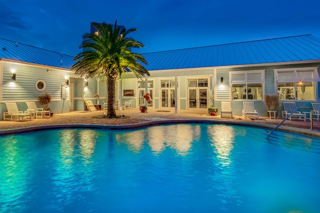 Resort-style pool at twilight