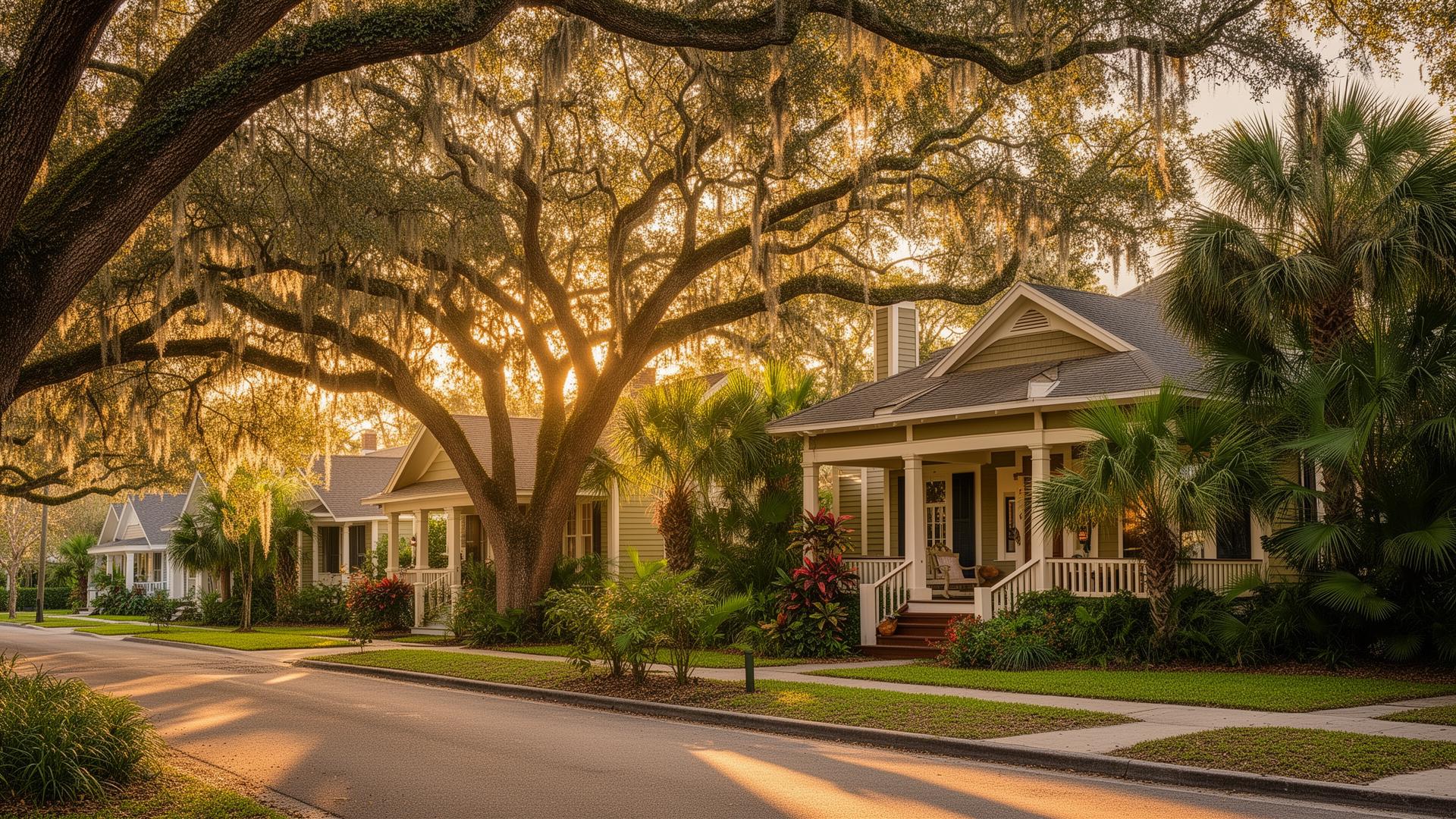 Tree-lined street with historic craftsman bungalows in Colonialtown, Orlando