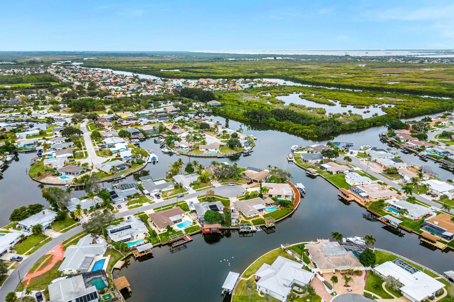 Aerial view of Diana Shores canal-front homes on Merritt Island