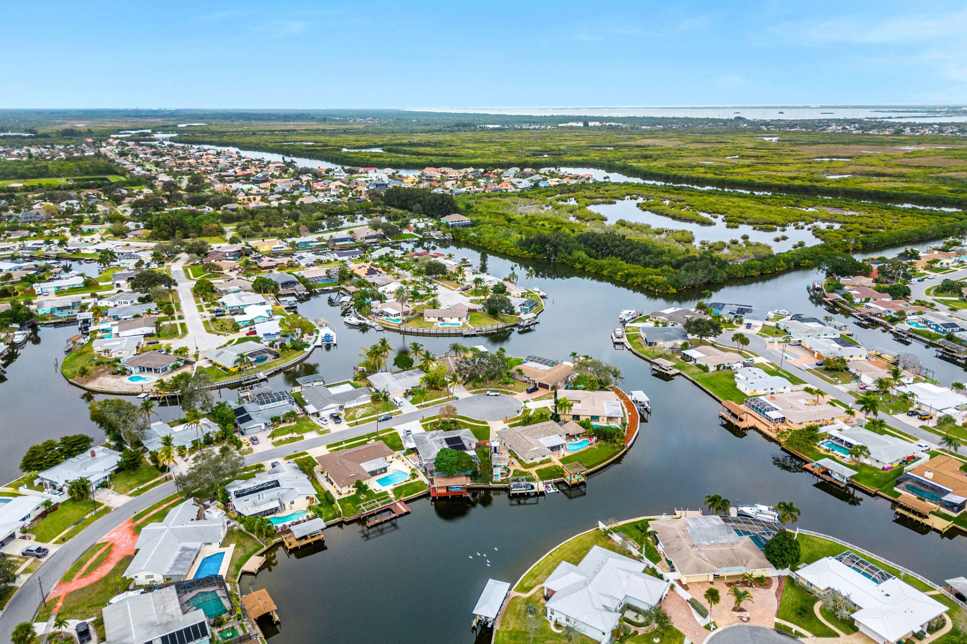 Aerial view of Diana Shores canal-front homes on Merritt Island