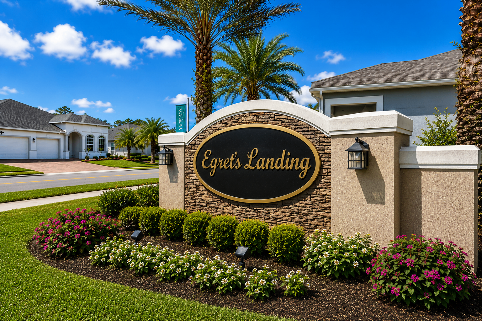 Egrets Landing community entrance sign with stone columns, palm trees, and tropical landscaping on Merritt Island