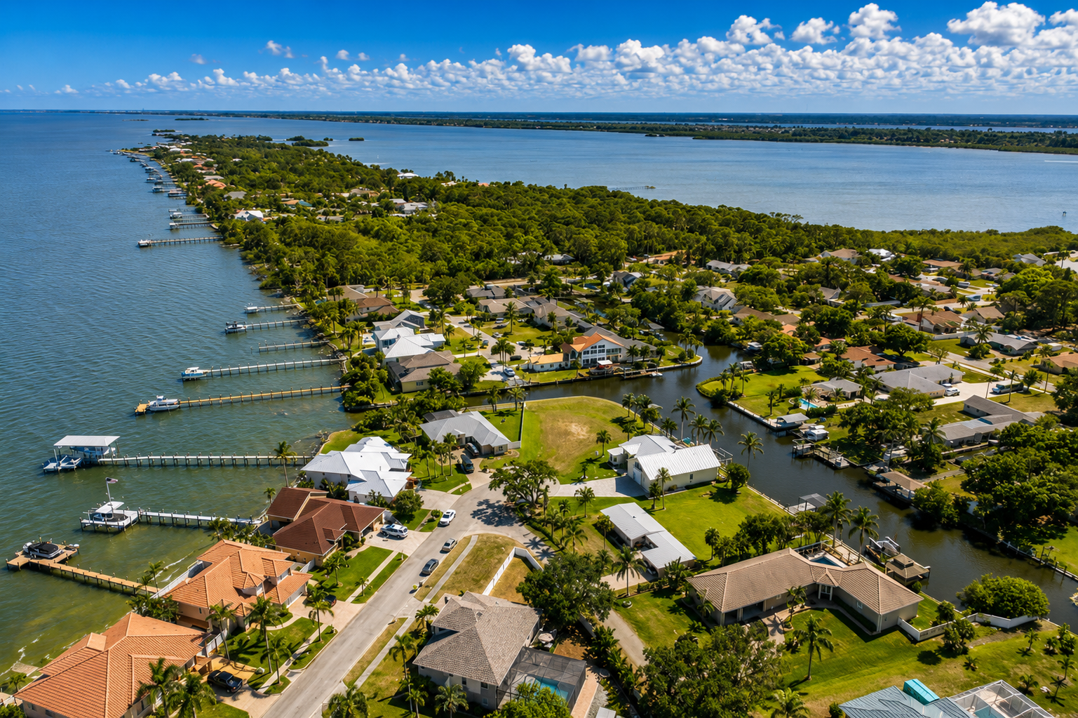 Aerial view of the Newfound Harbor peninsula on south Merritt Island, with deep-water waterfront homes, private docks, and boat lifts along the Banana River