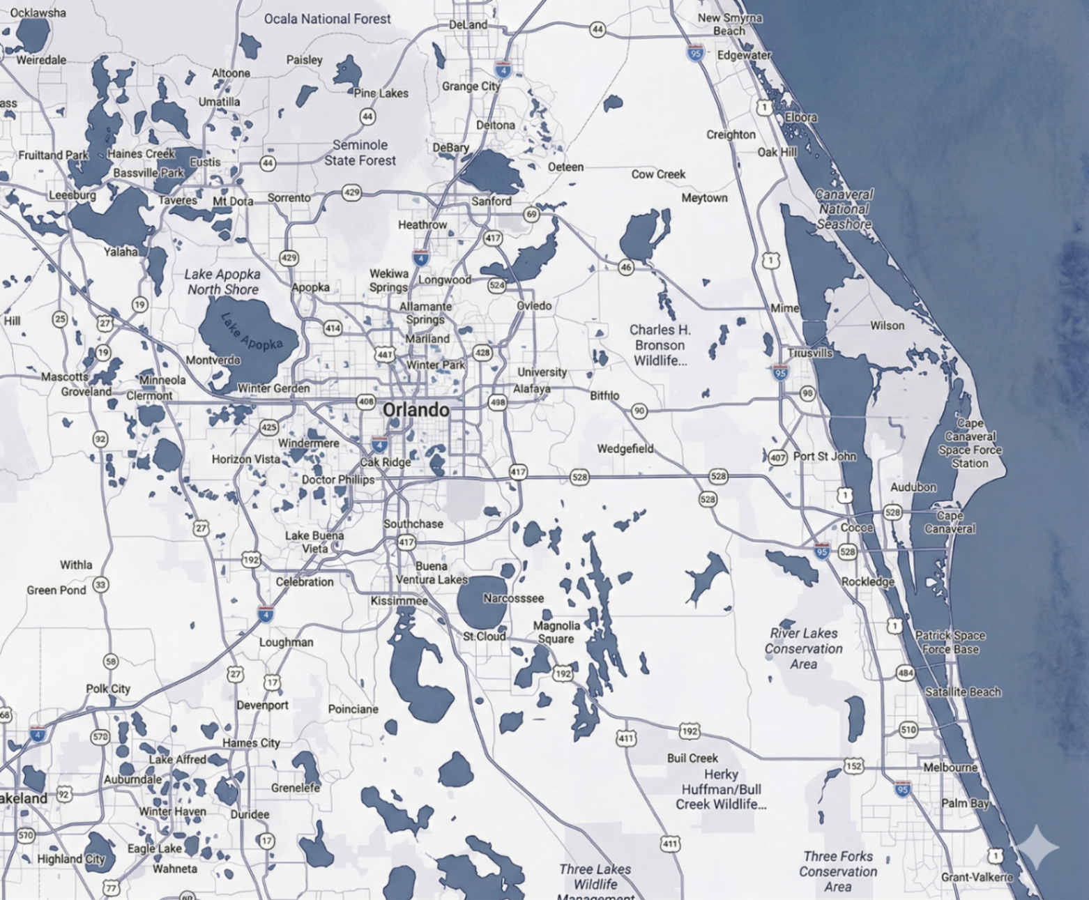 Map of Sea Dog Property Management service areas across Central Florida and the Space Coast