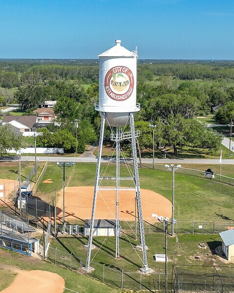 The City of Groveland water tower, established 1922, above the ballfields in Groveland FL